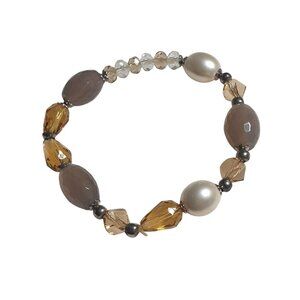 Faceted Bead Stretch Bracelet Neutral Tones Yellow Gray Pearl Jewelry Mom Gift